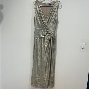 Ralph Lauren gold metallic Silver faux wrap Ruched Maxi gown plus size 14